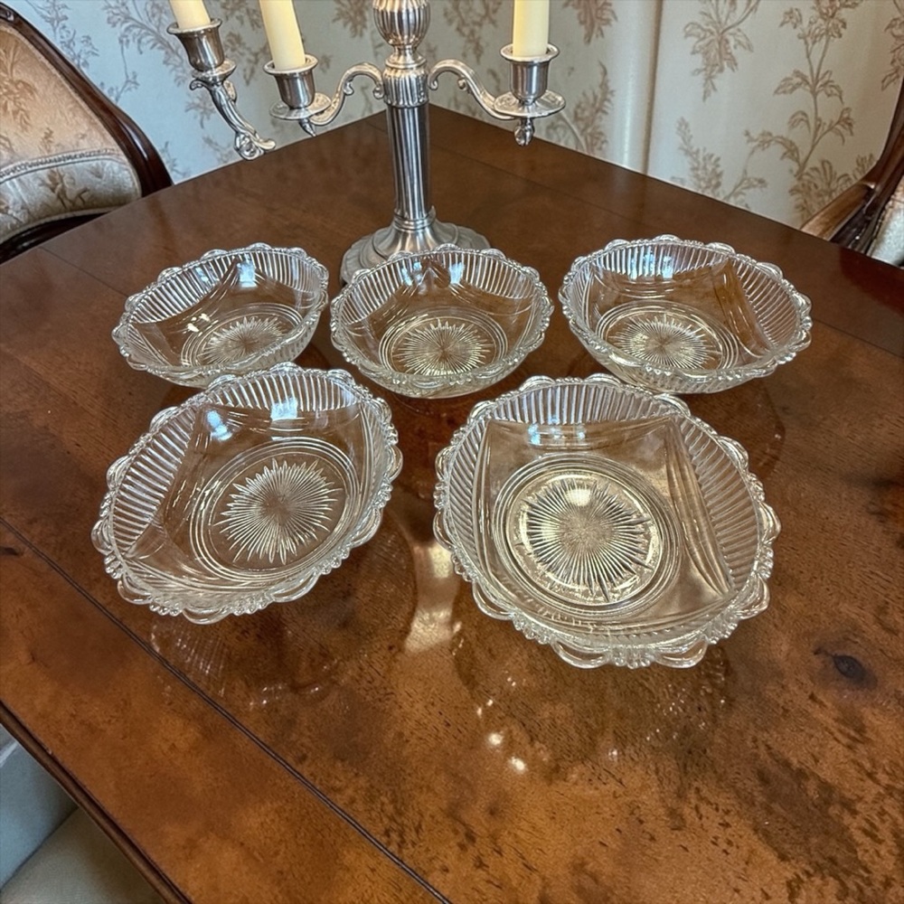Antique DC Jenkins Glass Berry Bowls Set of 5 Rib Over Drape Scalloped